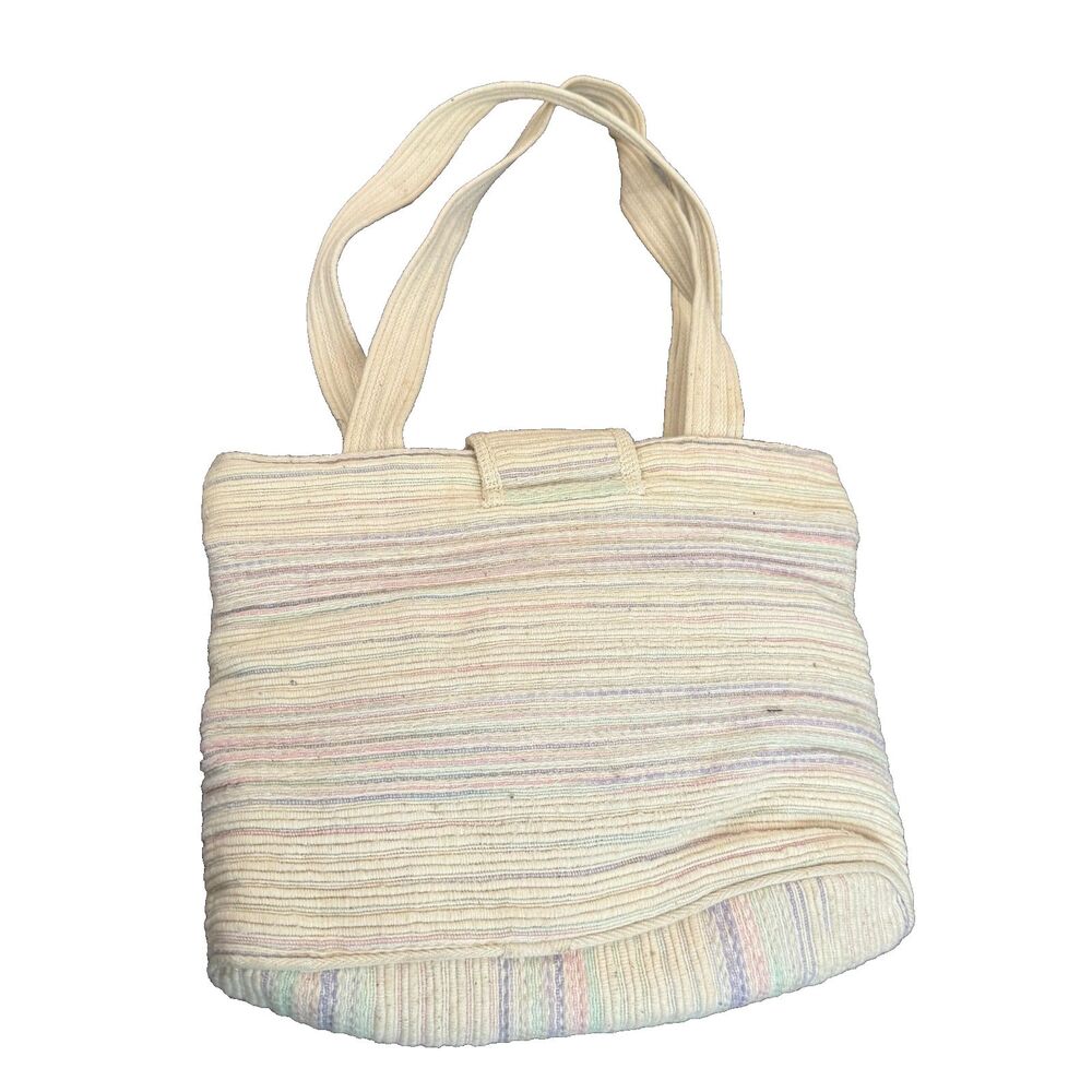 Vintage 70s-80s Beige w Pastels Shoulder Bag, PreLoved, w Closing Strap